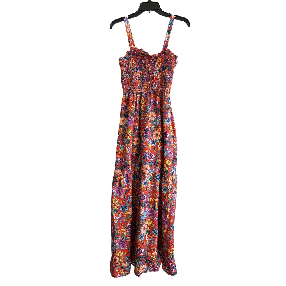 B.O.G Collective Womens Maxi Dress Red Multi Color‎ Size S Floral Smocked Boho